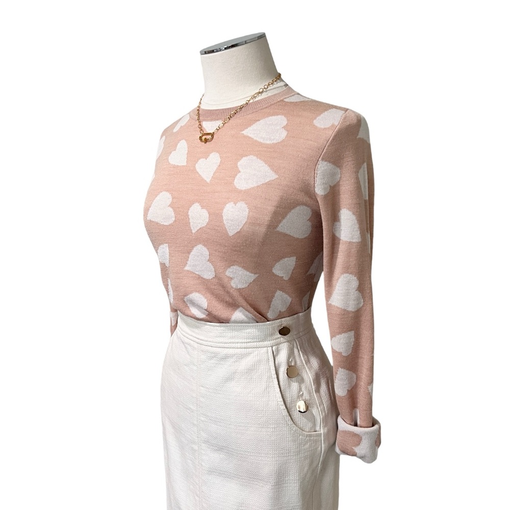 LOFT Blush Pink with Cream Heart Print Wool Blend Crewneck Sweater Sz Small